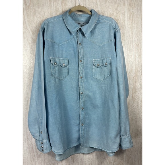 Ryan Michael Western Snap Shirt Silk Linen Blue XXL Cowboy Vintage Ranch